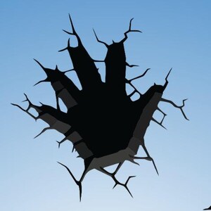 May include: A black hand-shaped silhouette appears to be breaking through a blue wall, creating a dramatic and abstract design.