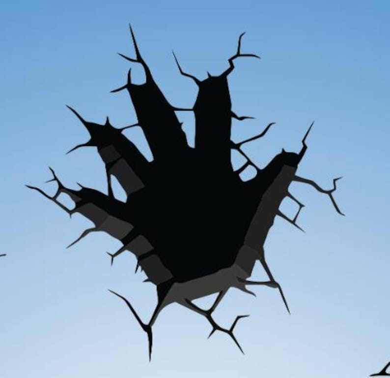 May include: A black hand-shaped silhouette appears to be breaking through a blue wall, creating a dramatic and abstract design.