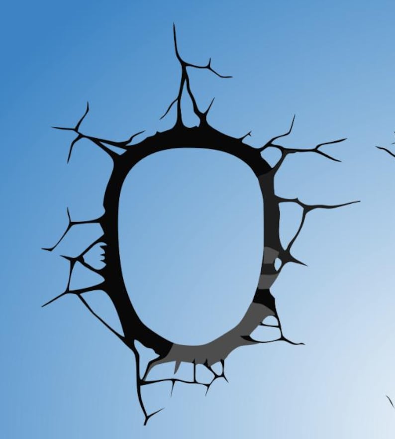 May include: A black silhouette of a cracked wall with a circular hole in the center against a blue sky background.