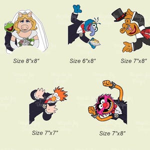 May include: Five different Muppet characters dressed in tuxedo attire. The characters are Miss Piggy, Gonzo, Animal, Fozzie Bear, and Sam the Eagle. Each character is shown in a different pose, with their heads peeking out from behind a corner. The images are labeled with the size of each image in inches.