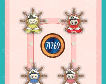 May include: Four circular stickers featuring cartoon characters in captain hats inside brown ship wheels. Each has a banner with the text Name. A central circular emblem displays the number 71269 in white on a blue background with a copper border.