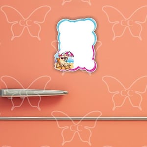 May include: A white, cloud-shaped sticker with a blue and pink border. The sticker features a cartoon dog wearing sunglasses, relaxing on a beach chair under an umbrella. The background is a peach-colored surface with butterfly designs.