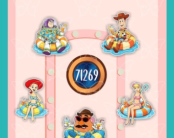 May include: A collection of five cartoon character stickers featuring Buzz Lightyear, Woody, Jessie, Bo Peep, and Mr. Potato Head, each floating in a colorful inner tube while holding a drink. A central circular badge displays the number 71269.