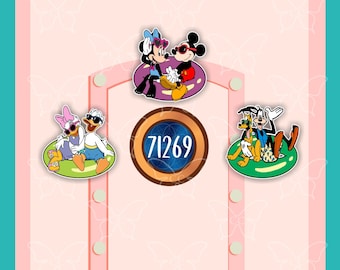 May include: Three circular stickers featuring Disney characters on pool floats. One shows Minnie and Mickey, another Daisy and Donald, and the third Goofy and Pluto. A central circular emblem displays the number 71269 in white on a blue background.