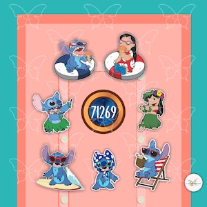 May include: A set of nine blue and white Stitch character enamel pins. The pins feature Stitch in various poses, including surfing, eating ice cream, and relaxing on a beach chair. The pins are perfect for adding a touch of Disney magic to your backpack, jacket, or hat.