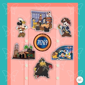 Puede incluir: Un conjunto de pegatinas temáticas de Disney con Mickey Mouse, el Pato Donald y otros personajes en varias escenas de piratas y aventuras. Las pegatinas están sobre un fondo rosa con un borde turquesa y detalles de mariposas. El número "71269" está en un diseño circular.