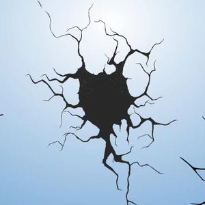 May include: A black crack in a light blue surface, resembling a spiderweb.