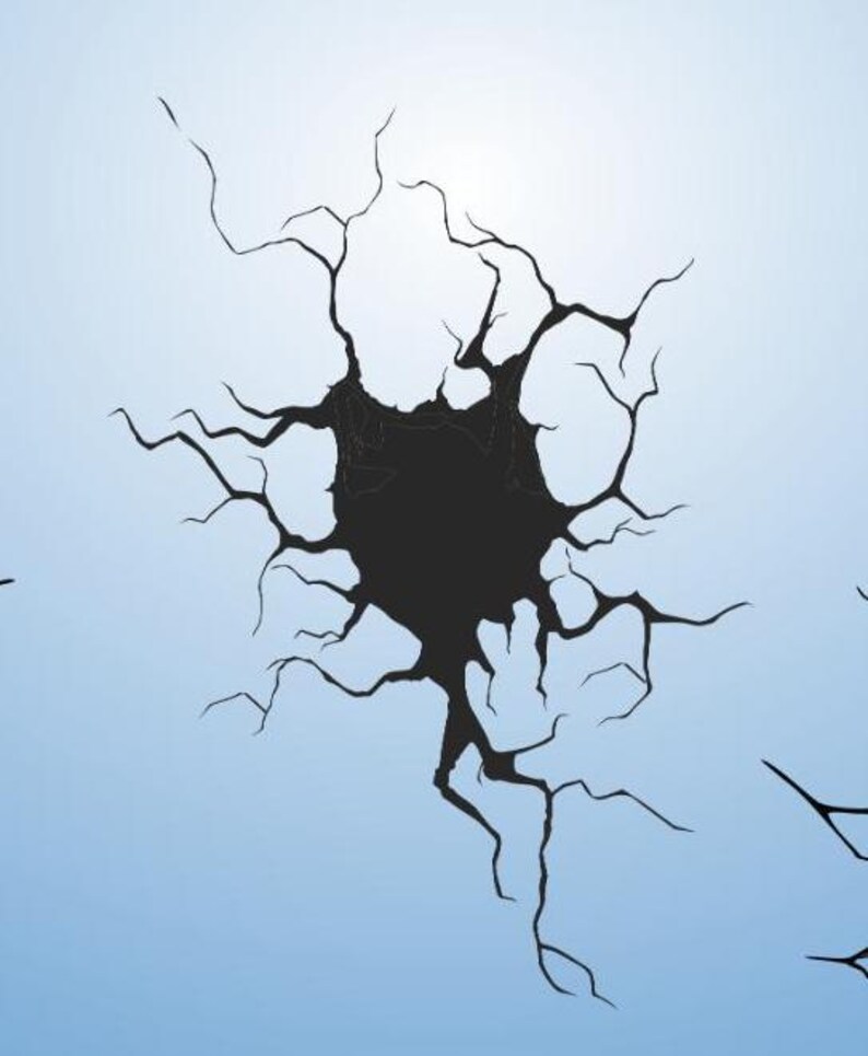 May include: A black crack in a light blue surface, resembling a spiderweb.
