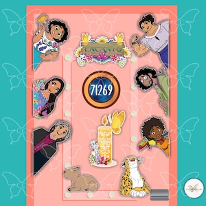 May include: A pink background with colorful cartoon characters from the movie Encanto. The characters include Mirabel, Bruno, Isabela, Luisa, and Antonio. The background also includes a candle, a jaguar, a capybara, and a sign that says "Encanto".
