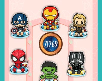 May include: A collection of six cartoon-style superhero stickers featuring Captain America, Iron Man, Thor, Spider-Man, Hulk, and Black Panther, each sitting on a pool float with a drink, surrounding a central circular badge with the number 71269.