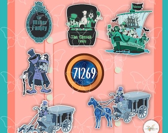 May include: A collection of six stickers featuring cartoon characters in a dark, monochromatic blue and green color palette. The designs include a framed portrait, a ship, a horse-drawn carriage, and a central circular emblem with the number 71269.