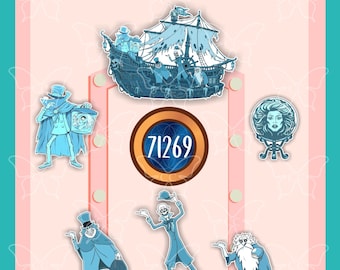 May include: A collection of six blue-toned stickers featuring a ghost ship, a figure in a top hat holding a box, a woman's face in a crystal ball, a man in a cape, a skeleton in a top hat, and a bearded figure, with a central circle displaying 71269.