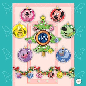 May include: A festive Christmas design with cartoon characters on baubles and a Christmas tree. The tree has the number 71269 in the centre. A garland of baubles is at the bottom. The background is pink and teal.