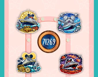 May include: A set of four colorful stickers featuring cruise ships with various themes including a treasure chest, a space station, tropical islands, and a planetary scene, centered around a circular badge displaying the number 71269.