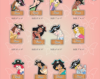 May include: A collection of twelve cartoon character cutouts, each wearing a black pirate hat with a white skull and crossbones emblem. Below each character is a rectangular wooden-style sign with the word Name printed in black text.
