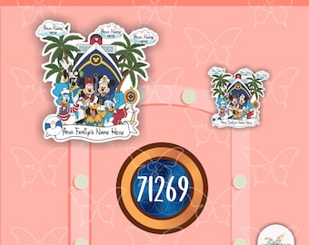 May include: A collection of stickers featuring cartoon characters on a pink background. One sticker shows a cruise ship with characters and the text "Your Family's Name Here". Another sticker has the number "71269" in a brown circle.