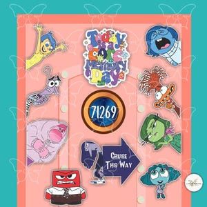 May include: A selection of vibrant stickers featuring characters and text from the animated film Inside Out. Stickers include Joy, Sadness, Fear, Anger, Disgust, and Bing Bong. Text includes "Today is a Core Memory Day" and "Cruise This Way".