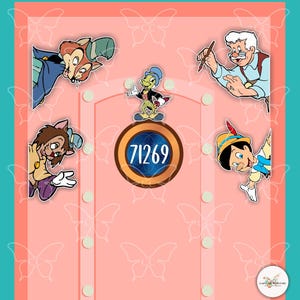 May include: A pink door with a gold circle containing the number 71269.  There are five cartoon characters peeking around the door: a fox, a bird, a cat, a boy, and a man.