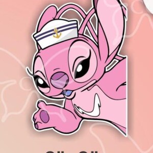 May include: A pink cartoon character sticker, 6"x9", with a sailor hat featuring a gold anchor. The character is pink with black eyes and a white outline, sticking out its tongue and waving.