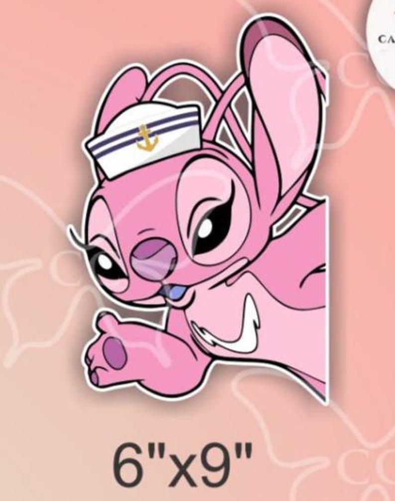 May include: A pink cartoon character sticker, 6"x9", with a sailor hat featuring a gold anchor. The character is pink with black eyes and a white outline, sticking out its tongue and waving.