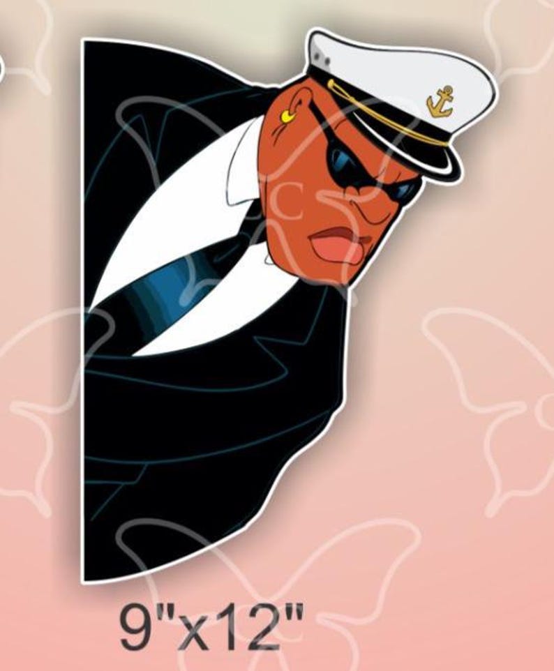 May include: A sticker featuring a cartoon illustration of a stern-faced man in a captain's hat and sunglasses. He wears a black suit, white shirt, and a black tie. The sticker measures 9" x 12".