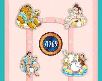 May include: A set of four stickers featuring cartoon characters in summer attire on pool floats, including a beast, a woman, a man, and a teapot with a clock and candelabra. A central circular emblem displays the white text 71269 on a blue background.