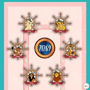 May include: A pink background with a teal border features six character images from The Lion King. Each character is wearing a sailor hat and set within a ship's wheel. The center has a blue and gold circle with the number 71269.