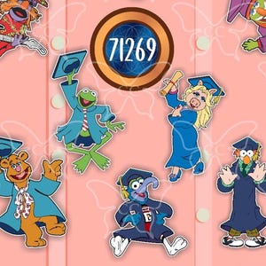 May include: A set of seven graduation cap pins featuring various Muppet characters, including Kermit the Frog, Miss Piggy, and Animal. The pins are colorful and feature a variety of designs, including a graduation cap, a diploma, and a musical instrument. The pins are perfect for adding a touch of fun to your graduation outfit.