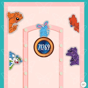 May include: A pink background featuring a light pink door frame and a brown circle with the number 71269. Cartoon characters in orange, red, blue, and purple peek from the sides. White butterfly patterns are in the background.