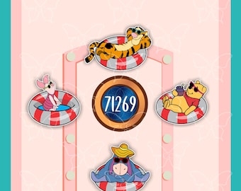 May include: Four stickers featuring Tigger, Piglet, Winnie the Pooh, and Eeyore, each wearing sunglasses and floating in red and white striped inner tubes. A central circular emblem displays the number 71269 in white on a blue background.