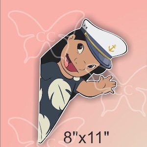 May include: A die-cut sticker featuring a cartoon character wearing a captain's hat with an anchor emblem. The character is smiling and wearing a dark blue shirt with white leaf patterns. The sticker measures 8" x 11".