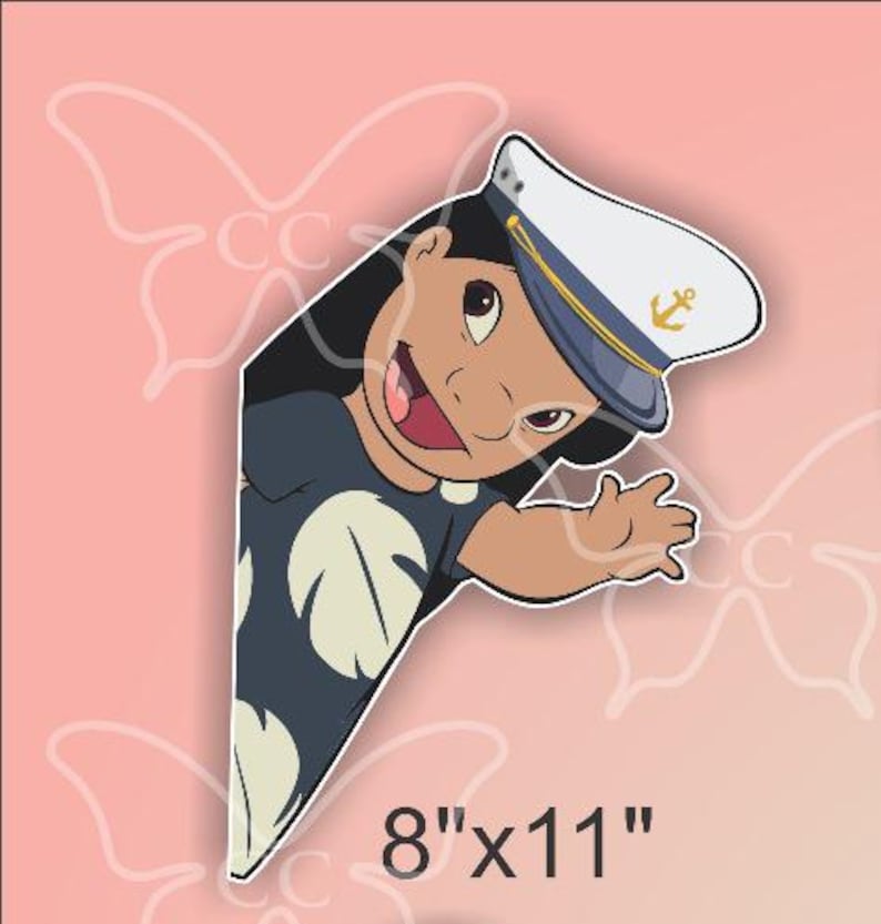 May include: A die-cut sticker featuring a cartoon character wearing a captain's hat with an anchor emblem. The character is smiling and wearing a dark blue shirt with white leaf patterns. The sticker measures 8" x 11".