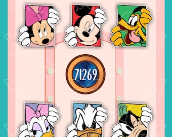 May include: A set of six rectangular stickers featuring cartoon characters Minnie Mouse, Mickey Mouse, Pluto, Daisy Duck, Donald Duck, and Goofy peeking over the top edge. A central circular emblem displays the white text 71269 on a blue background.