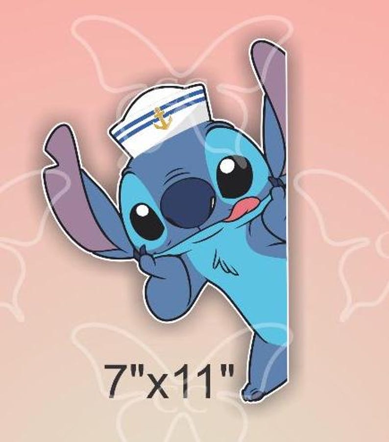 May include: A blue cartoon character wearing a sailor hat with an anchor emblem, peeking from behind a corner. The character has large black eyes and a pink tongue. The sticker measures 7" x 11".