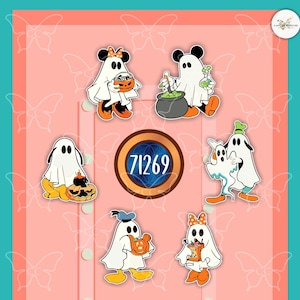 May include: A collection of Halloween-themed stickers featuring cartoon characters dressed as ghosts. The stickers include characters holding pumpkins, cauldrons, and potion bottles. A circular emblem with the number "71269" is also present.