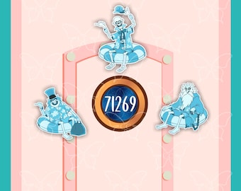 May include: A light pink door graphic featuring a central circular sign with the number 71269. Three cartoon skeletons in blue tropical shirts and hats sit on blue and white striped inner tubes, arranged around the central door number sign.