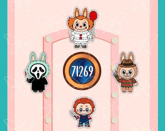 May include: A set of four cartoon-style stickers featuring horror characters dressed as bunnies, arranged around a central circular emblem with the number 71269. The characters include a clown with a red balloon, a masked figure, a clawed figure, and a doll.