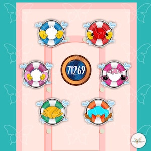 May include: A collection of cartoon-style life preservers with various character faces, including a duck, a mouse, and a crab. The life preservers are white with colorful accents. A central circle displays the number "71269".
