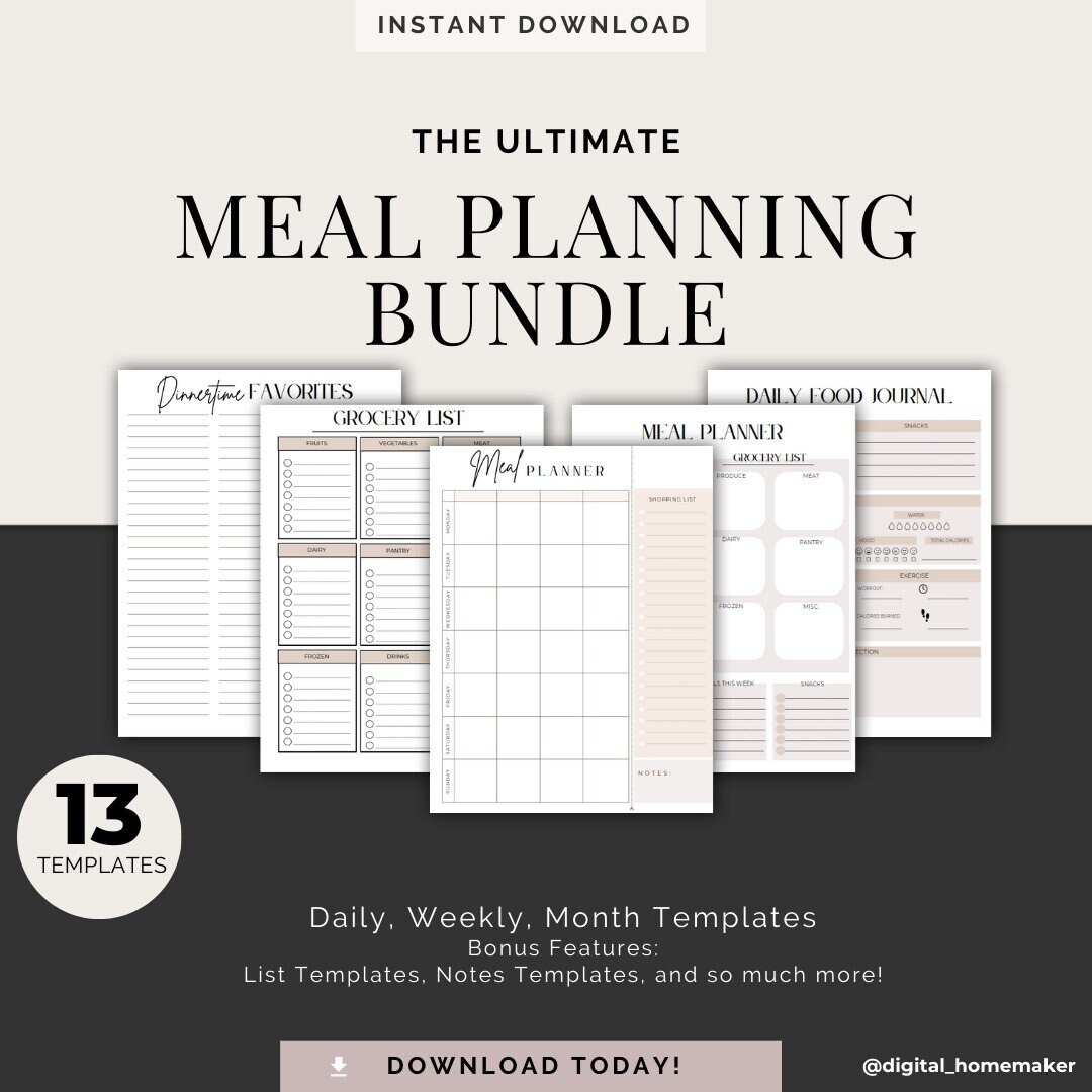 Meal Planner Bundle Printable, Weekly Meal Planning, Monthly Meal ...
