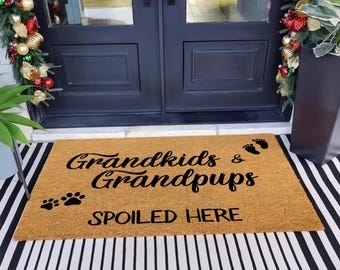 Grandkids and Grandpups Spoiled Here | Custom Welcome Mat | Grandma Grandpa Door Mat | Cheerful Gift | Home Doormat | Housewarming Gift |