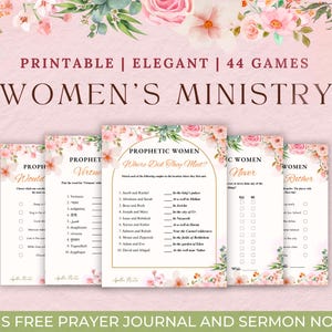 Op de afbeelding: Printbare spelkaarten met een bloemenontwerp. De kaarten zijn getiteld "Prophetical Women Where Did They Meet?", "Prophetical Women Virtue", "Prophetical Women Never" en "Prophetical Women Would You Rather".