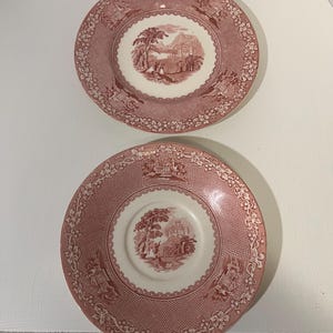 Może przedstawiać: Dwa antyczne, czerwono-białe ceramiczne talerze. Każdy talerz posiada centralną scenę krajobrazową otoczoną szczegółową obwódką. Talerze mają delikatną, vintage estetykę, odpowiednią do ekspozycji lub spożywania posiłków.