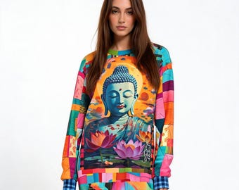 Buddha Lotus Floral Sweatshirt | Colorful Zen Wearable Art Pullover