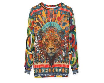 Queen of the Jungle Mosaic Sweatshirt | Colorful Lion Pullover | Maximalist Fashion