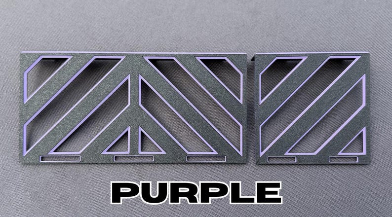 May include: Two dark gray metal decorative pieces with a geometric design and purple accents. The word "PURPLE" is displayed in large, bold, white letters with a black outline at the bottom of the image.