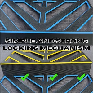 May include: Black and blue interlocking mechanism with yellow accents. The design features a geometric pattern with the text "SIMPLE AND STRONG LOCKING MECHANISM". The mechanism is designed for secure locking.