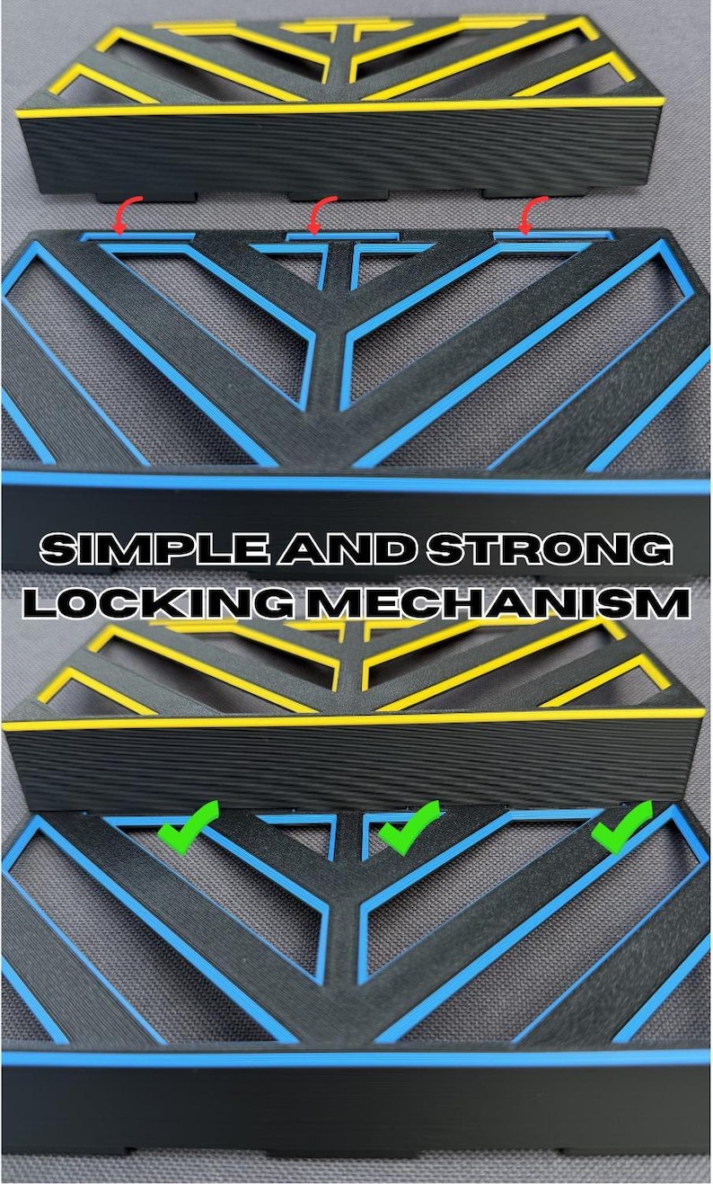 May include: Black and blue interlocking mechanism with yellow accents. The design features a geometric pattern with the text "SIMPLE AND STRONG LOCKING MECHANISM". The mechanism is designed for secure locking.