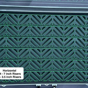 May include: A silver case with a clear lid, filled with rows of black risers with green neon-like accents. The risers are arranged in a repeating chevron pattern. Text on a white rectangle reads "Horizontal 24 - 7 inch Risers 6 - 3.5 inch Risers."