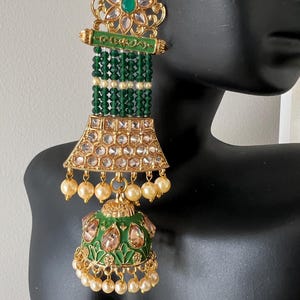 long Green Gold Jhumka Earrings for Women-Indian Jhumki Jewelry-Wedding/Valentines Earrings -Rajasthani double triple 4 Layer Dangle