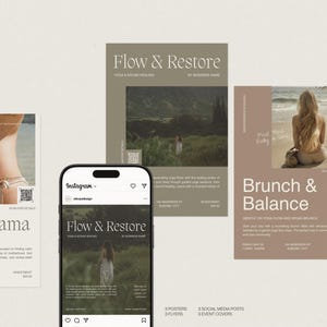 Könnte beinhalten: Eine Sammlung von Werbematerialien mit minimalistischem Design. Das Bild zeigt Poster, Flyer und Social-Media-Posts mit den Texten "Flow & Restore", "Mindful Mama" und "Brunch & Balance". Die Farbpalette ist neutral mit Beige- und Brauntönen.
